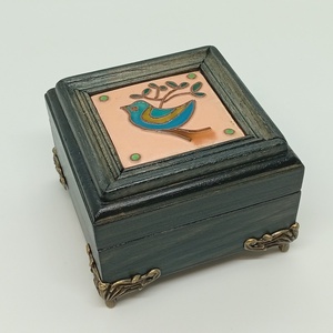 Madárkás  fa ákszerdoboz-egyedi tűzzománc betéttel , Ékszer, Ékszertartó, Ékszerdoboz, Famegmunkálás, Tűzzománc, MESKA