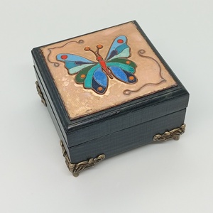 Pillangós fa ékszerdoboz-tűzzománc betéttel , Ékszer, Ékszertartó, Ékszerdoboz, Famegmunkálás, Tűzzománc, MESKA