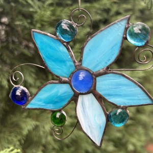 Türkiz virág , Otthon & Életmód, Dekoráció, Ajtó- és ablak dekoráció, Ablakdísz, Üvegművészet, MESKA