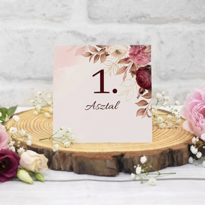 Asztalszám bordó virágokkal, Esküvő, Dekoráció, Asztaldísz, , MESKA