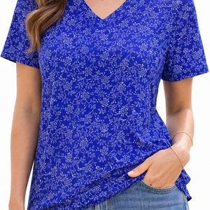 Kékfestő póló búzavirágos mintával V-nyakú - Meska.hu