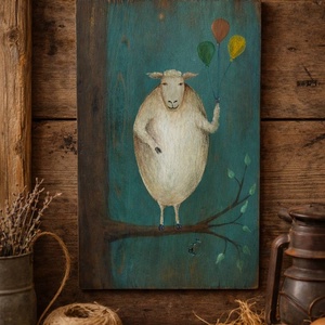 Rusztikus antikolt fára festett kép, bárány, Művészet, Festmény, Akril, Famegmunkálás, Festészet, MESKA