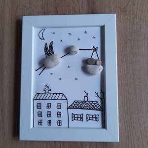 Gólya kisbabával, kavicskép - Meska.hu