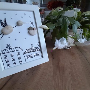 Gólya kisbabával, kavicskép - otthon & életmód - dekoráció - asztal és polc dekoráció - kavics & kő - Meska.hu