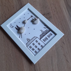 Gólya kisbabával, kavicskép - otthon & életmód - dekoráció - asztal és polc dekoráció - kavics & kő - Meska.hu