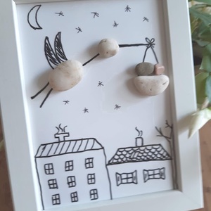 Gólya kisbabával, kavicskép - otthon & életmód - dekoráció - asztal és polc dekoráció - kavics & kő - Meska.hu