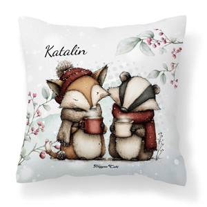 Névvel kérhető - Cuki téli róka és a borz kávéval mintás párna, Otthon & Életmód, Lakástextil, Párna & Párnahuzat, Díszpárna (belsővel együtt), , MESKA