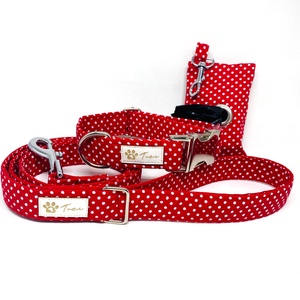 Piros-pöttyös szett - nyakörv, póráz és kutyapiszok-zacskó tartó  - otthon & életmód - kisállatoknak - kutyáknak - kutya nyakörv - Meska.hu