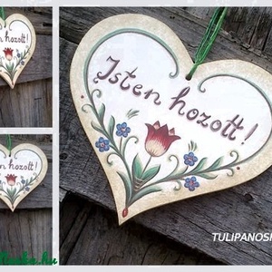  Szív tábla fehér alapon tulipános,nefelejcses mintával -  - Meska.hu
