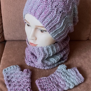 3 részes lila-szürke horgolt szett, sapka, csősál és kézmelegítő - Meska.hu