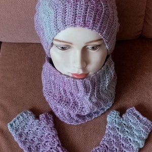 3 részes lila-szürke horgolt szett, sapka, csősál és kézmelegítő - ruha & divat - sál, sapka, kendő - sapka & sál szett - Meska.hu
