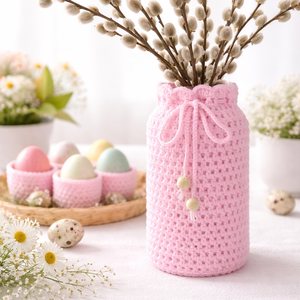 ?Kézzel horgolt rózsaszín dekor váza?, Otthon & Életmód, Virágdekoráció, Virágtartó, Váza, Horgolás, MESKA