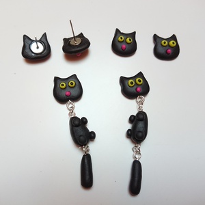 Fekete macska cica hosszú bedugós fülbevaló Fimo gyurma  -  - Meska.hu