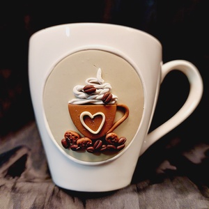 Kávé mintás cappucinos bögre gyurma díszítéssel  - otthon & életmód - konyhafelszerelés, tálalás - tálalás - bögre & csésze - Meska.hu