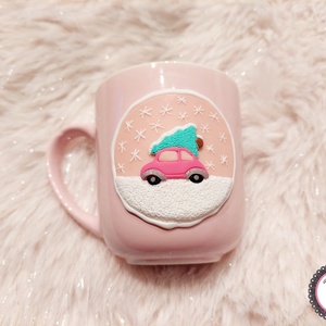 Karácsonyi mintás bögre kisautó fenyővel - Meska.hu