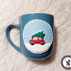 Karácsonyi mintás bögre kisautó fenyővel - otthon & életmód - konyhafelszerelés, tálalás - tálalás - bögre & csésze - Meska.hu