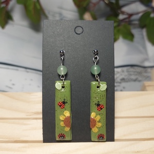 Napraforgó katica mintás gyurma medálos fülbevaló ásvány gyönggyel  - Meska.hu