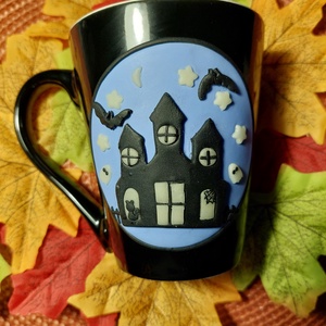  Őszi Halloween mintás bögre gyurma díszítéssel sötétben világító  - Meska.hu