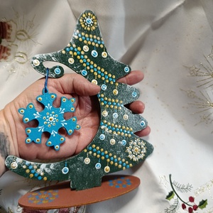 Karácsonyfa asztaldísz hópihével türkiz -arany  - Meska.hu