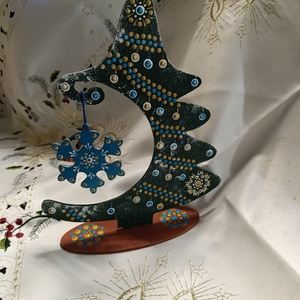 Karácsonyfa asztaldísz hópihével türkiz -arany  - karácsony - adventi díszek - adventi asztaldísz - Meska.hu