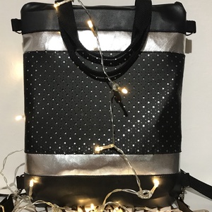  Fekete-ezüst, 4 az 1-ben, hátul zsebes, textilbőr variálható táska,  hátizsák, válltáska, oldaltáska és kézi táska - táska & tok - variálható táska - Meska.hu