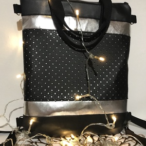  Fekete-ezüst, 4 az 1-ben, hátul zsebes, textilbőr variálható táska,  hátizsák, válltáska, oldaltáska és kézi táska - táska & tok - variálható táska - Meska.hu