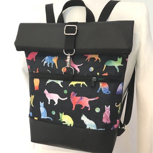 Rolltop Fekete-cica mintás-Vízálló-Hátizsák-Hátitáska, Táska & Tok, Hátizsák, Roll top hátizsák, Varrás, Bőrművesség, MESKA