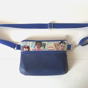  Kék, képregény mintás övtáska vállon átvethető táska, oldaltáska, fesztiváltáska, vízálló, elöl zsebes - Meska.hu