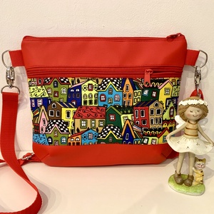 Házikó mintás crossbody / válltáska/ keresztpántos táska/ oldaltáska, Táska & Tok, Kézitáska & válltáska, Vállon átvethető táska, Varrás, Bőrművesség, MESKA