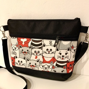 Készleten! Szürke-fekete-fehér cicás crossbody/ / válltáska/ keresztpántos táska/ oldaltáska, Táska & Tok, Kézitáska & válltáska, Vállon átvethető táska, Varrás, MESKA
