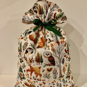 Készleten! Bélelt, karácsonyi, erdei állatos ajándékátadó textil zsák, Karácsony, Karácsonyi ajándékozás, Karácsonyi ajándékcsomagolás, Varrás, MESKA