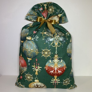 Készleten! Bélelt, karácsonyi gömb mintás ajándékátadó textil zsák, Karácsony, Karácsonyi ajándékozás, Karácsonyi ajándékcsomagolás, Varrás, MESKA