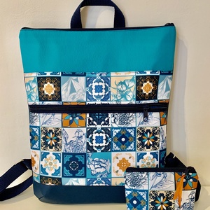  Hátizsák+irattartó/pénztárca/ Kék-türkiz mozaik mintás-Laptop hátizsák-Hátitáska-Vízálló, Táska & Tok, Hátizsák, Hátizsák, Varrás, Bőrművesség, MESKA