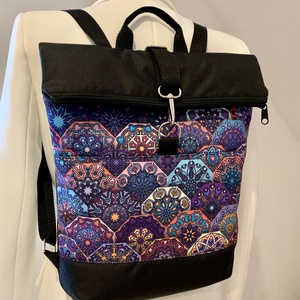 Rolltop Fekete-mandala mintás hátizsák, Hátitáska, Vízálló, Táska & Tok, Hátizsák, Roll top hátizsák, Varrás, Bőrművesség, MESKA