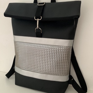   Rolltop hátizsák, Fekete-ezüst, Hátitáska, Vízálló - táska & tok - hátizsák - roll top hátizsák - Meska.hu