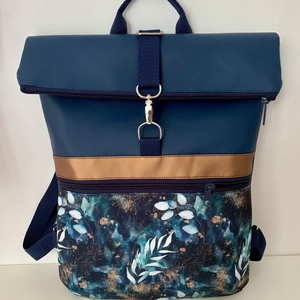 Rolltop-Kék-türkiz levél mintás-Vízálló-Hátizsák-Hátitáska  - Meska.hu