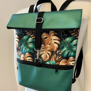 Rolltop Zöld-leveles-Vízálló-Hátizsák-Hátitáska  - táska & tok - hátizsák - roll top hátizsák - Meska.hu