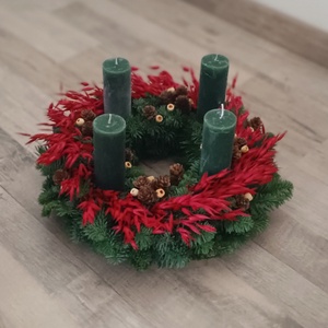 Adventi koszorú zöld színű gyertyákkal, Karácsony, Adventi díszek, Adventi koszorú, Virágkötés, MESKA