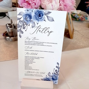 Esküvői menükártya - kék, virágos - Meska.hu
