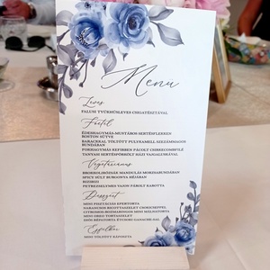 Esküvői menükártya - kék, virágos - esküvő - meghívó & kártya - menü - Meska.hu