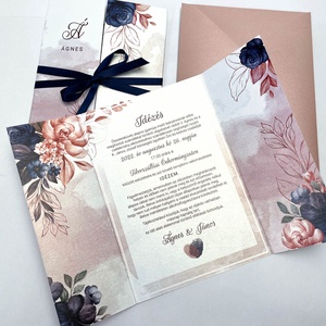 Rosegold és kék esküvői meghívó - esküvő - meghívó & kártya - meghívó - Meska.hu