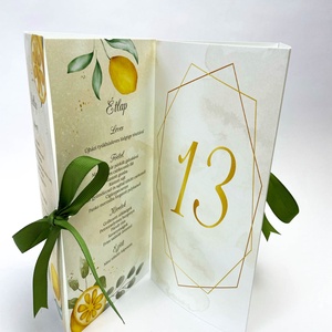 Citromos menü kártya zöld szalaggal, Esküvő, Meghívó & Kártya, Menü, Fotó, grafika, rajz, illusztráció, MESKA
