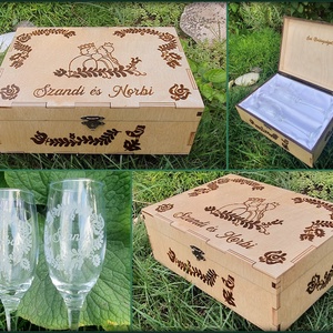 Esküvőre - pezsgőspohár díszdobozban - népmesés pár, Esküvő, Emlék & Ajándék, Nászajándék, Esküvői pohár, pohárszett, Gravírozás, pirográfia, MESKA