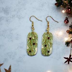 362. Fenyő mintás fülbevaló piros strasszokkal , Ékszer, Fülbevaló, Lógó fülbevaló, Ékszerkészítés, Gyurma, MESKA