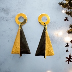 375. Karácsonyfa alakú fekete-arany fülbevaló, Ékszer, Fülbevaló, Lógó fülbevaló, Gyurma, MESKA