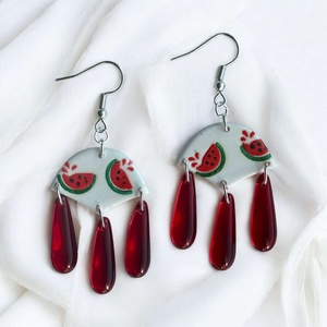 388. Különleges alakú, dinnye mintás fülbevaló, Ékszer, Fülbevaló, Lógó fülbevaló, Gyurma, MESKA