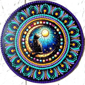 Telihold és fekete macska, Otthon & Életmód, Dekoráció, Spiritualitás, Mandala, Festészet, MESKA