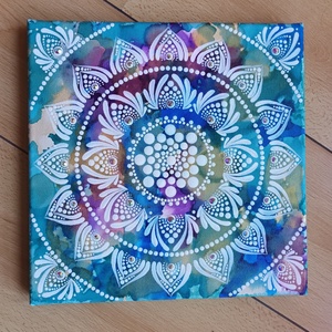 Egyedi mandala, kék, lila, zöld alapon fehér színnel festve, kristályokkal díszítve. , Otthon & Életmód, Dekoráció, Spiritualitás, Mandala, Festészet, MESKA