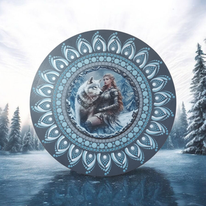 Egyedi mandala, nyomtatott fa középpel, szürke alapra festve fehér és kék árnyalatokkal festve  - Meska.hu