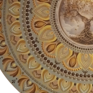 Egyedi mandala, nyomtatott fa középpel, világosbarna alapra festve sárga és barna árnyalatokkal festve  - otthon & életmód - dekoráció - spiritualitás - mandala - Meska.hu